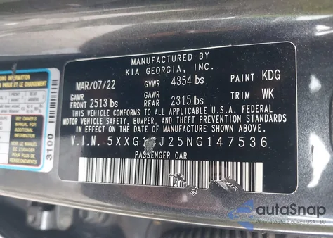 2022 Kia K5 Lxs from USA, damaged, VIN 5XXG14J25NG147536